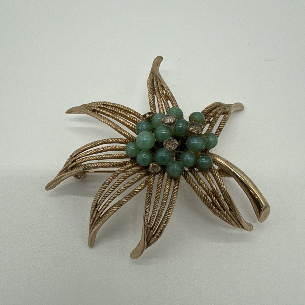Gold Tone Swirl Flower Brooch Pin,‎ Blue Glass Bead Accents, Metal
